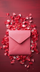 Envelope and rose petals on red wooden background, top view.