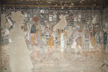 King Seti tomb at the Valley of Kings .Luxor . Egypt. Hieroglyphics in King Seti tomb.wall reliefs showing the Book of Gates in the Tomb of Seti I at Valley of Kings .Luxor . Egypt . - obrazy, fototapety, plakaty