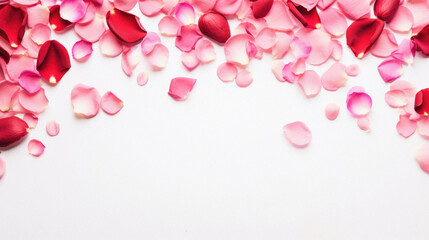 Rose petals on a white background with copy space for text.