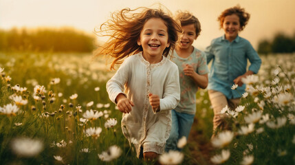 Fototapeta premium Children run happily and laughing over a vibrant spring meadow, enjoying the carefree joy of youth in the fresh, sunny outdoors