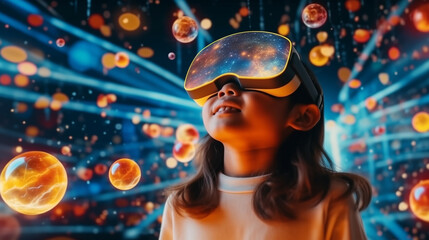 Little asian girl astronomer captivated by wonders of space through holographic VR at home - obrazy, fototapety, plakaty