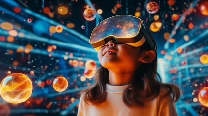 Foto op Canvas Little asian girl astronomer captivated by wonders of space through holographic VR at home © Emiliia