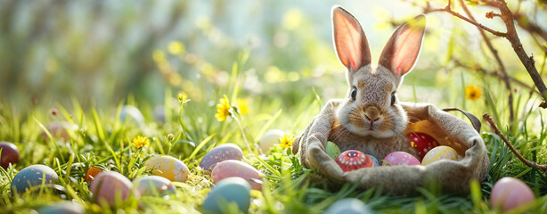 Fototapeta na wymiar Adorable little Easter bunny peeking out from a jute bag surrounded by Easter eggs on a spring meadow, capturing the essence of Easter joy and springtime freshness