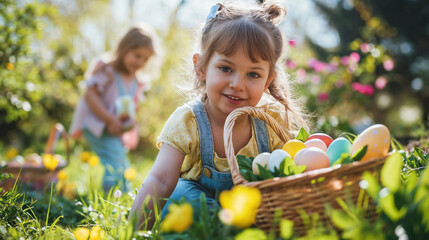 Joyful and laughing children on a spring meadow with flowers, delighting in the festive tradition of hunting for colorful Easter eggs