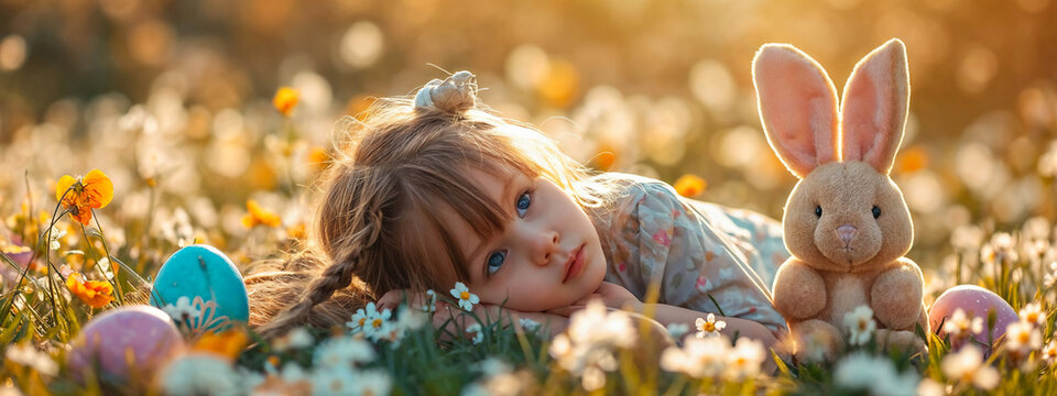 On Easter, a little girl dreams in a spring meadow with her stuffed bunny, surrounded by nature's beauty and joyful memories