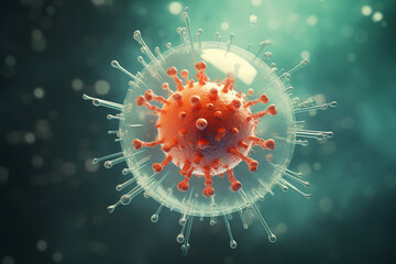 Infected droplet. 3D illustration showing one respiratory droplet containing coronavirus particles - obrazy, fototapety, plakaty