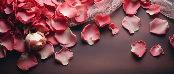 Pink rose petals and lace on a brown background. Wedding concept.