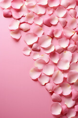 Fototapeta premium Rose petals on pink background. Flat lay, top view.