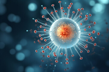 Infected droplet. 3D illustration showing one respiratory droplet containing coronavirus particles - obrazy, fototapety, plakaty