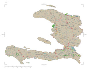 Haiti shape isolated on white. OSM Topographic French style map