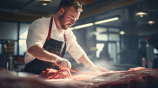 Master Butcher at Work in a Meat Shop. Generative ai