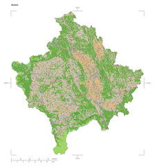 Kosovo shape isolated on white. OSM Topographic French style map