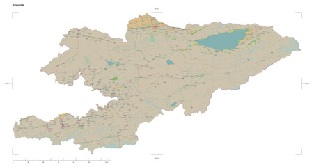 Kyrgyzstan shape isolated on white. OSM Topographic French style map