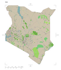 Kenya shape isolated on white. OSM Topographic French style map