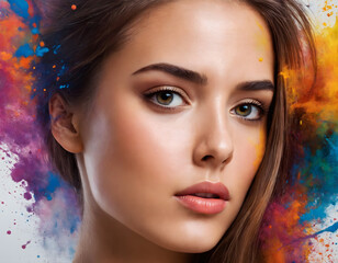 an abstract painting illustration portrait of a beautiful young female person. colorful splashes.