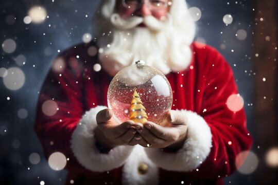 Santa Claus Holding a Snowy Christmas Ornament. Generative ai