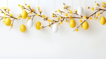 Vibrant yellow easter eggs and blossom branches adorn white wall - fresh, modern decorative concept (banner)