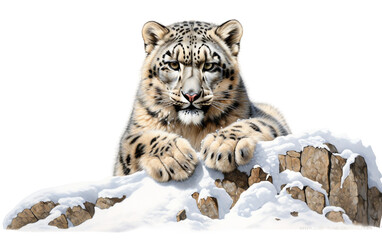 Stealthy Beauty: A Snow Leopard Lounging on Rocky Terrain Isolated on Transparent Background PNG.