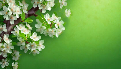 Kwitnące gałązki wiśni na zielonym tle - obrazy, fototapety, plakaty