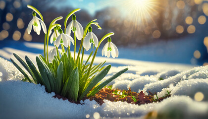 Fototapeta premium Przebiśniegi rosnące w ogrodzie w promieniach słońca. W tle wczesnowiosenny ogród z topniejącym śniegiem. Symbol wczesnej wiosny
