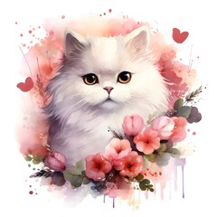 VALENTINE WITH A CUTE kitten. Funny cat for Valentine's Day with illustrations of hearts and flowers.