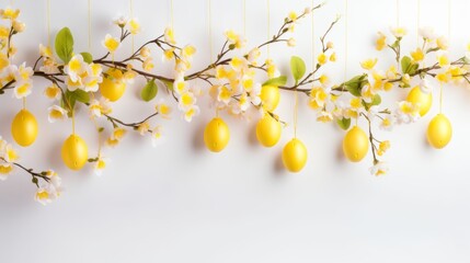 Vibrant yellow easter eggs and blossom branches adorn white wall - fresh, modern decorative concept (banner)