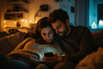 jeune couple dans leur canapé en train de regarder leur smartphone ensemble - obrazy, fototapety, plakaty