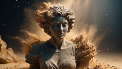 Beautiful sculpture of woman made of stone and sand. AI generated
