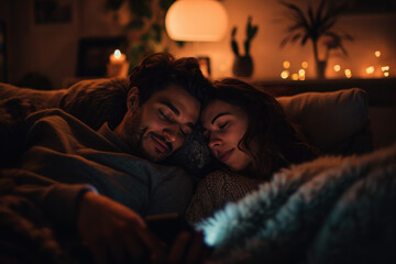 jeune couple dans leur canapé en train de regarder leur smartphone ensemble - obrazy, fototapety, plakaty