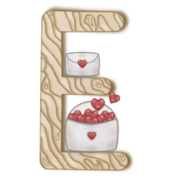 wooden letter e with hearts and envelopes clip art preview