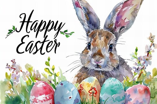 Watercolor illustraction cute Easter bunny with eggs, text "Happy Easter"