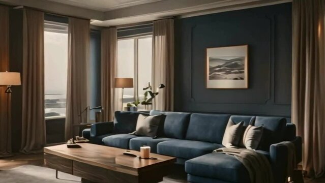 corner sofa in blue tones in modern living room
