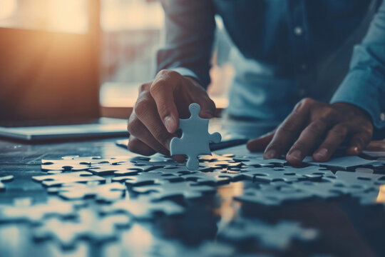 gros plan sur une main qui tient la derni&egrave;re pi&egrave;ce d'un puzzle, symbole de l'ach&egrave;vement et la r&eacute;ussite d'un projet