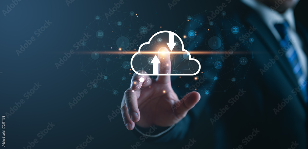 Aufkleber businessman touch on virtual glowing cloud computing to download and loading data information and up