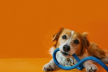 Adorable dog is resting in yellow background