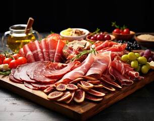 Meat plate . Assortment of natural delicious deli meats with vegetables and olives on wooden board on wooden background.