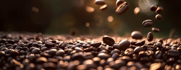 Coffee beans are falling to the ground - obrazy, fototapety, plakaty