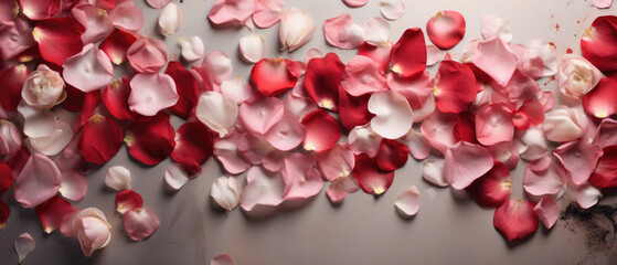 Red and pink rose petals on a white marble background. Copy space.