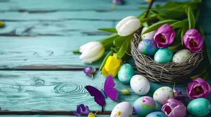Naklejka premium Top view of a nest with eggs in gentle pastel colors and a bouquet of tulips on a wood background