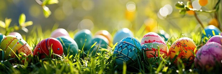 Colorful easter eggs in grass with happy easter background - obrazy, fototapety, plakaty