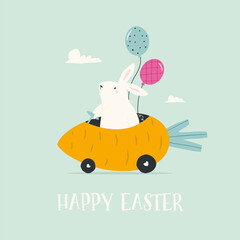 Easter greeting card with funny rabbit, bunny riding in a carrot car