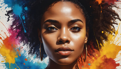 an abstract painting illustration portrait of a beautiful young african american female person. colorful splashes.