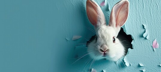 A rabbit peeking out of a hole in a blue wall with an empty space