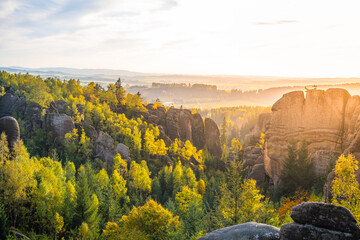 Sunset in Broumov Walls. Rock Theater lookout point in sandstone rock formation. Czechia