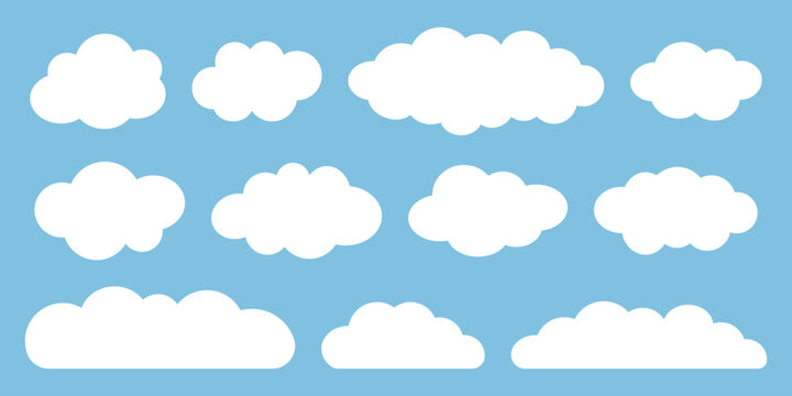 Set of cartoon clouds in flat design. White clouds isolated on blue background. Vector illustration.