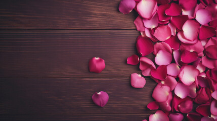 Rose petals on wooden background. Top view with copy space.