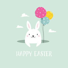 Easter greeting card with funny rabbit, bunny and colorful balloons