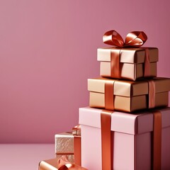 gifts in boxes with a bow on a pink background. festive background.