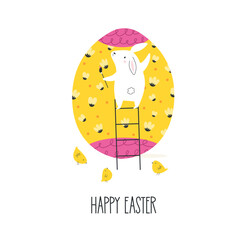 Easter greeting card with funny rabbit, bunny painting, decorating holiday egg