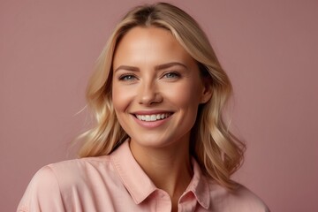 Fototapeta premium Close-up portrait of a happy smiling young blonde woman looking at the camera on a pink background.